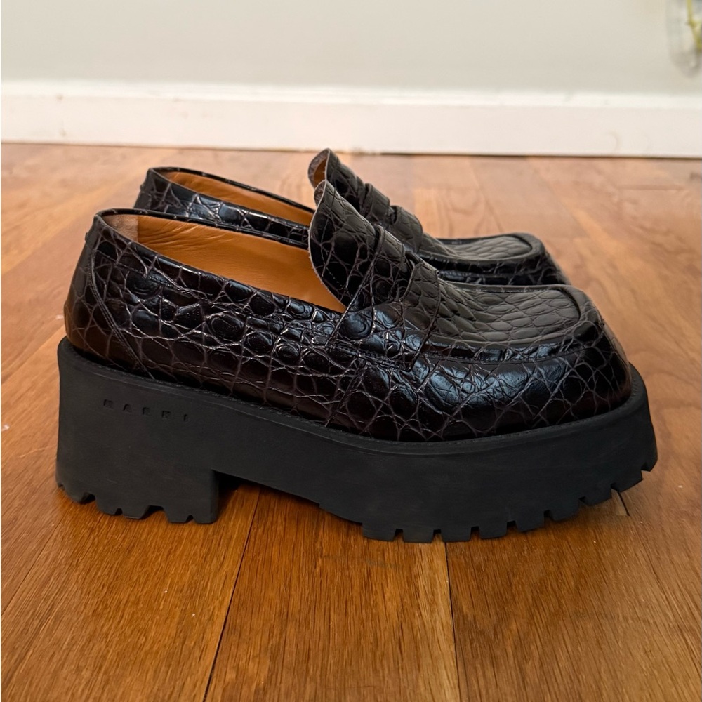 MARNI Black Croc Embossed Leather Platform Loafers - 38